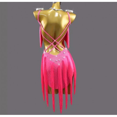 Custom size hot pink fringe competiiton latin dance dresses for girls kids juvenile fuchsia salsa rumba latin performance costumes solo dance outfits